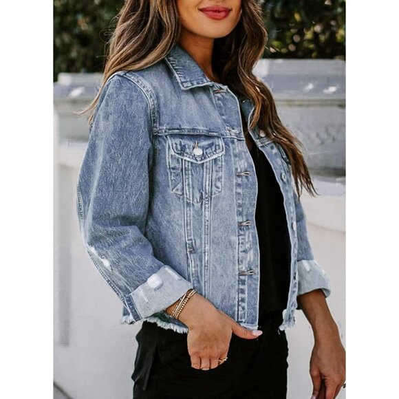 Women's Denim Jacket Long Sleeve Distressed Casual Ripped Blue Large - Picture 3 of 8